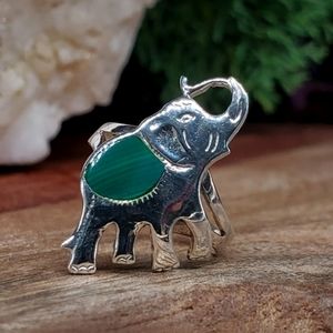Solid Sterling Silver 925 Ring Genuine Malachite Stone Elephant  Jewelry